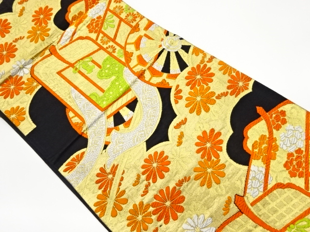 リサイクル　御所車に菊・花模様織出し袋帯